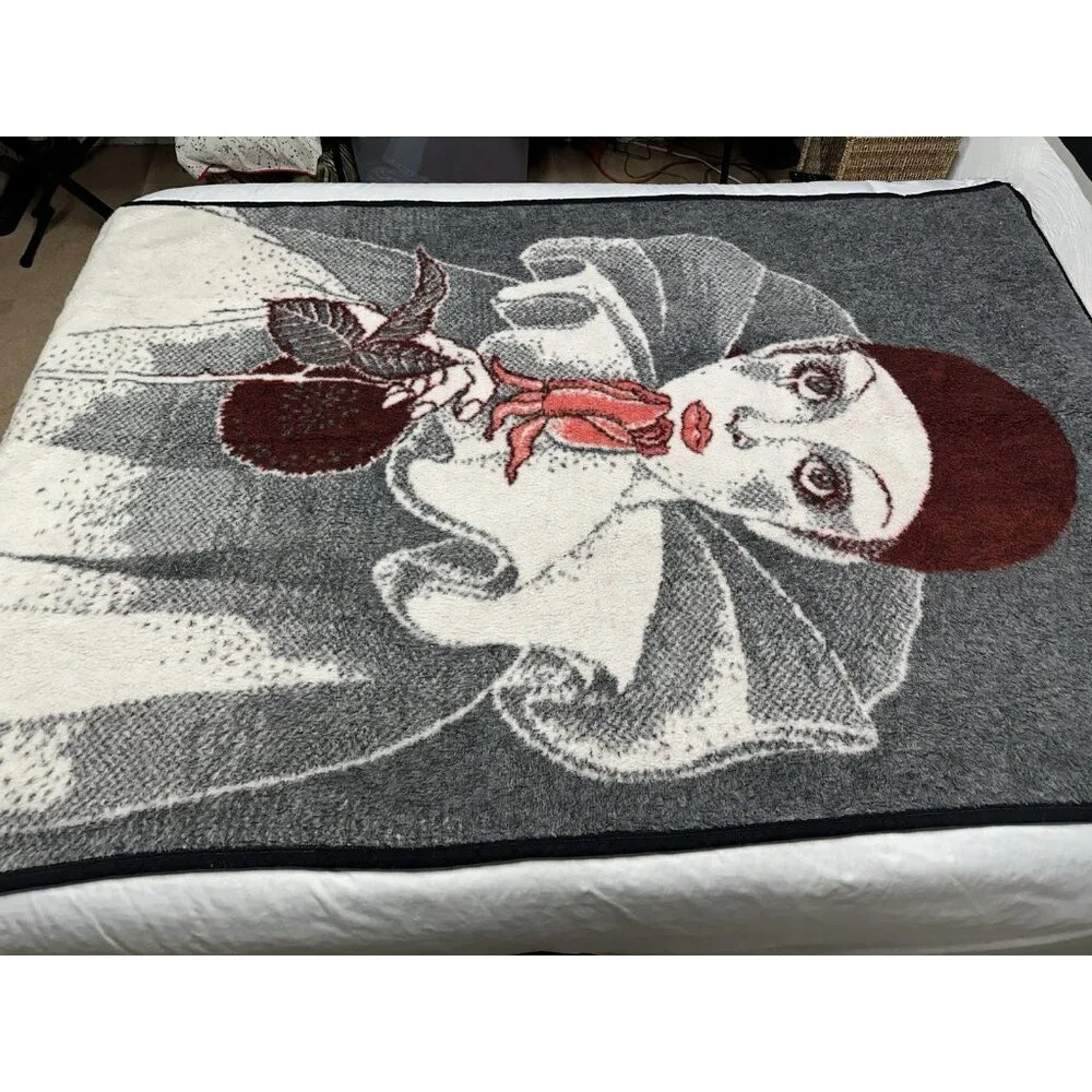 Vintage Acrylic Harlequin Sad Clown Rose Pierrot Throw Blanket Red Black 55x82”